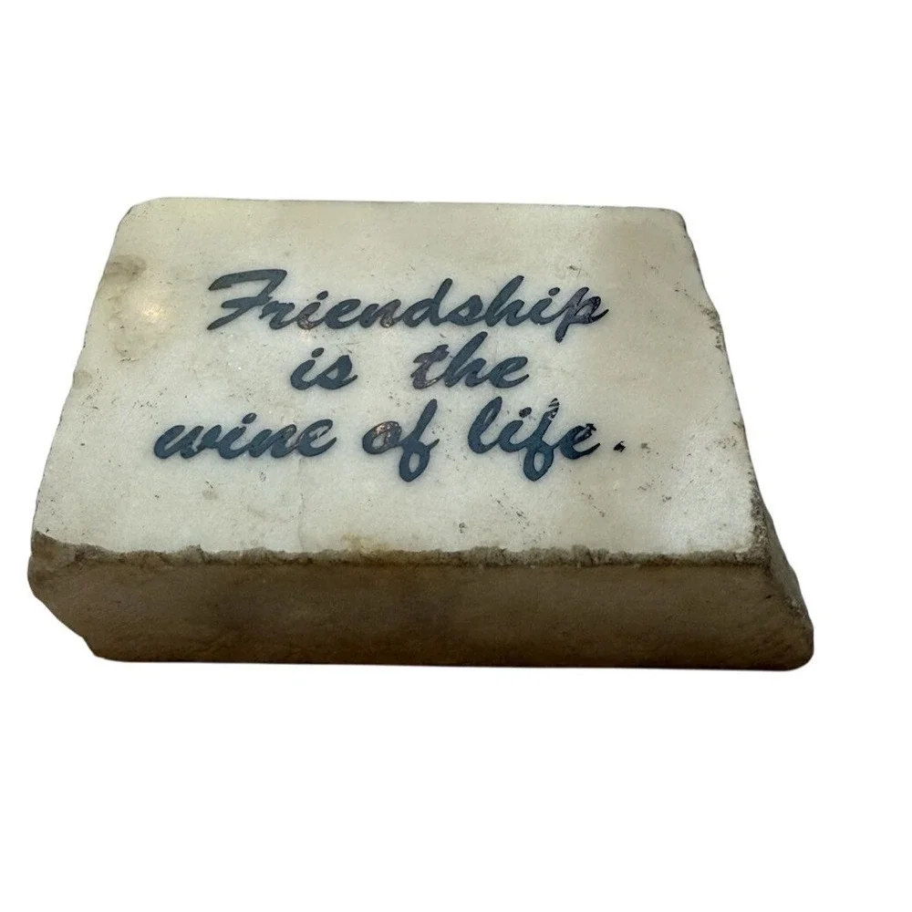 Friendship is the Wine of Life White Mineral Stone Decor Vintage Shelf‎ Sitter